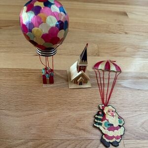 Vintage Wood Veneer Christmas Tree Ornaments Balloon Santa Parachute Church